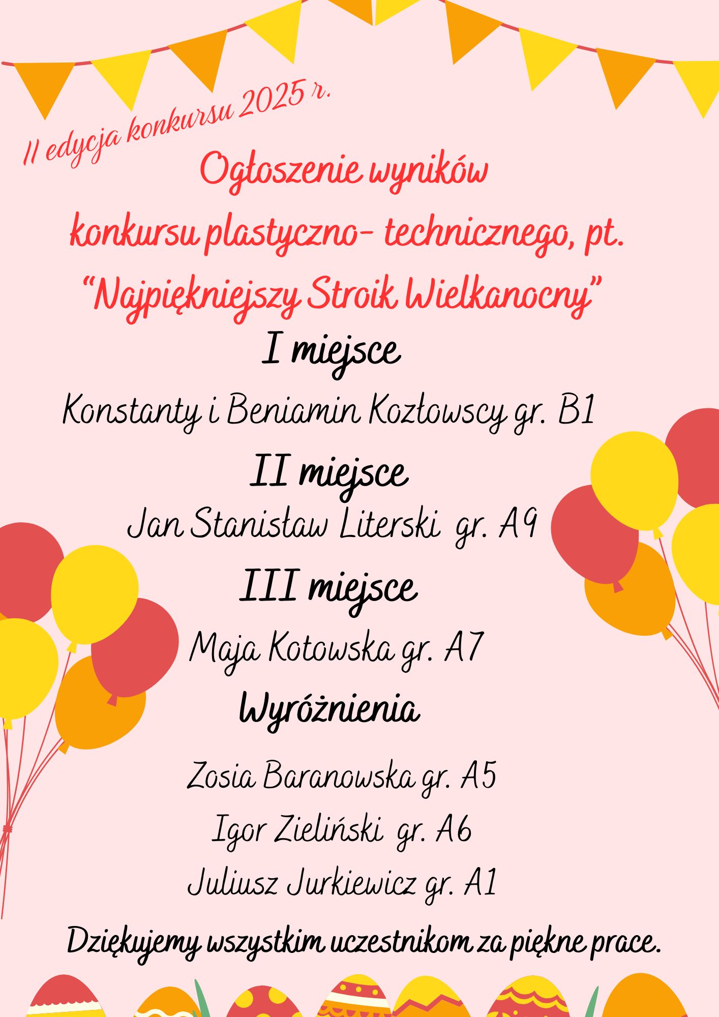 Wyniki konkursu plastyczno-technicznego „Najpiękniejszy Stroik Wielkanocny”
