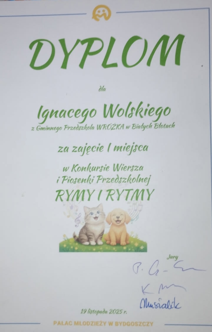 Gratulacje dla Ignacego z grupy „Leśne Duszki” za zajęcie I miejsca w Konkursie Wiersza i Piosenki Przedszkolnej Rymy i Rytmy