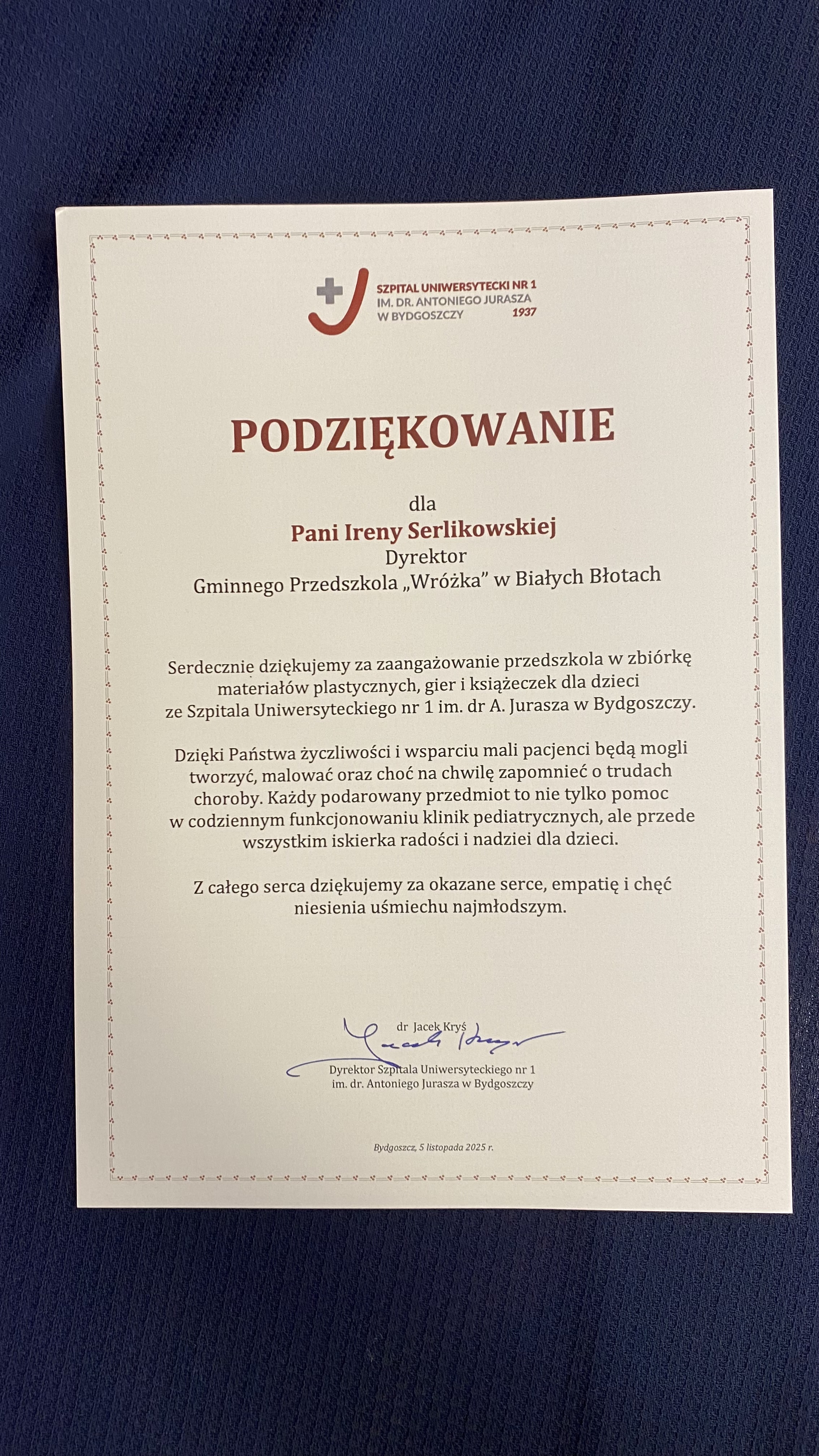 Podziękowanie za zbiórkę dla pacjentów Szpitala Uniwersyteckiego nr 1 im. dr A. Jurasza w Bydgoszczy