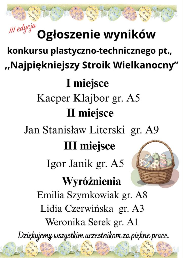 Wyniki konkursu plastyczno-technicznego pt. „Najpiękniejszy Stroik Wielkanocny”.